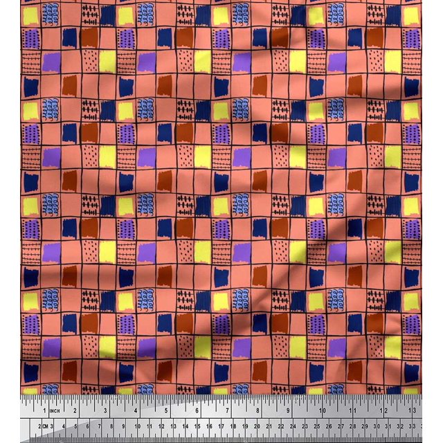 Soimoi Polyester Crepe Fabric Check & Brush Stroke Abstract Print Fabric by Yard 52 Inch Wide