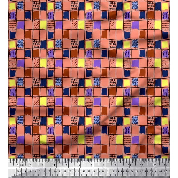 Soimoi Polyester Crepe Fabric Check & Brush Stroke Abstract Print Fabric by Yard 52 Inch Wide