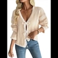 thumbnail image 2 of Suéter Tipo Cárdigan con Lazo para Mujer, Larga, Ribete en Contraste, Tejido Holgado, Cuello en V, Otoño e Invierno. Caqui M, 2 of 10