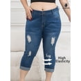 thumbnail image 3 of Women'S Large Size Dark Blue Fashionable Versatile Rolled Edge Hole Casual Style Denim Shorts, Soft And Comfortable Slim Fit Jeans, 3 of 7