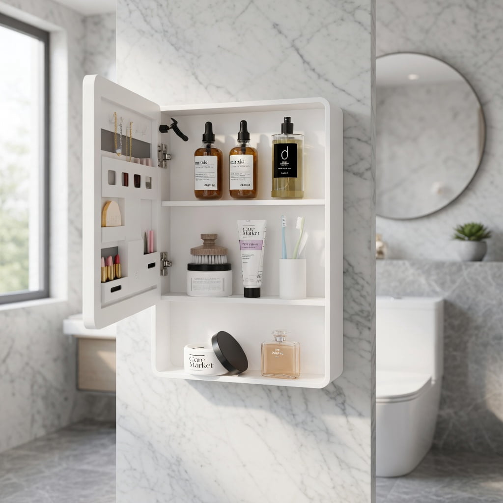 Hommoo LED Bathroom Medicine Cabinet with Anti-Fog Mirror & Warm White Lighting, Wall-Mounted Aluminum-Plastic Vanity Storage Cabinet, One Door, White