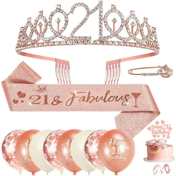 21st Birthday Sash and Tiara for Girls, Beige Rose Gold Birthday Decorations with Balloons, Cake Topper, Tiara Rhinestone Crown, Glitter Sash, 21st Birthday Gifts for Girl