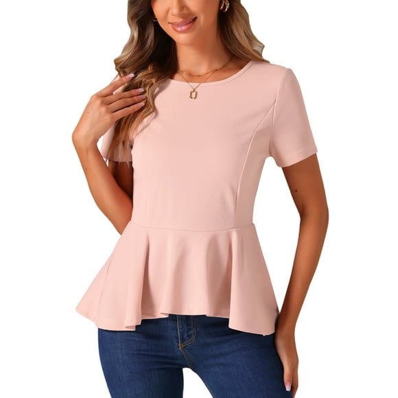 INSPIRE CHIC Women's Peplum Top Short Sleeve Round Neck Stretch Classic Blouse S Pink