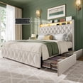 thumbnail image 1 of Bingirl King Bed Frame with 51-Inch Tall Headboard. Velvet Upholstered, 4 Storage Drawers, USB Charging Station, LED Lights. No Box Spring Needed. Easy to Assemble. Beige., 1 of 7