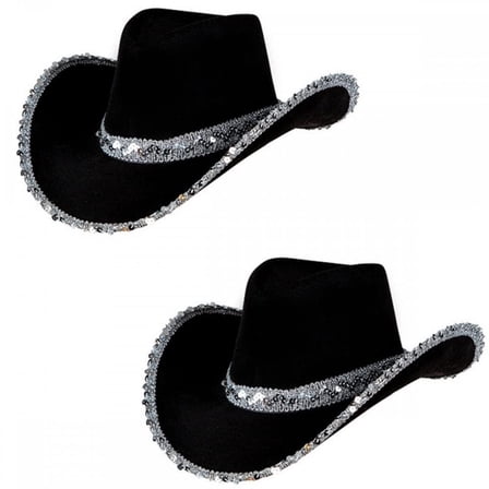 Adult Ladies Black Sequin Texan Cowboy Hats 2 PACK : Wild West Cowgirl Hen Do Night Fancy Dress Accessory