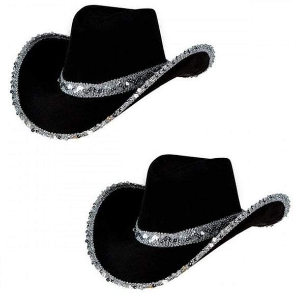 Adult Ladies Black Sequin Texan Cowboy Hats 2 PACK : Wild West Cowgirl Hen Do Night Fancy Dress Accessory