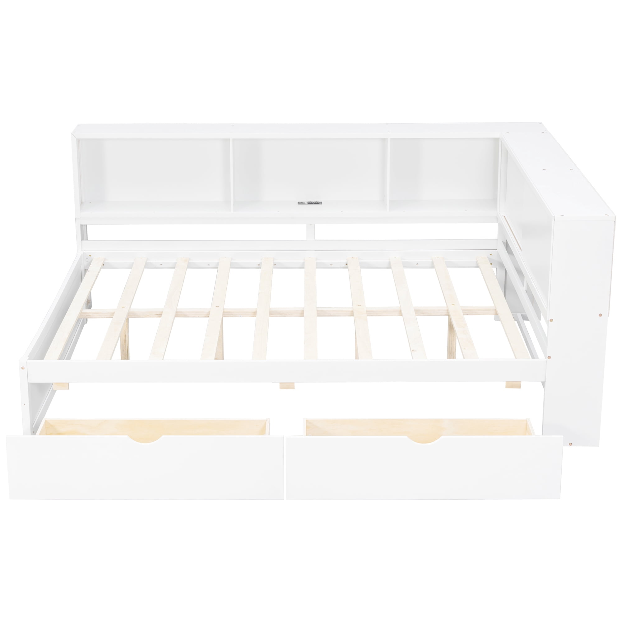 Euroco Wood Queen Size Daybed with Storage Shelves and Drawers, USB Ports and LED Light, White