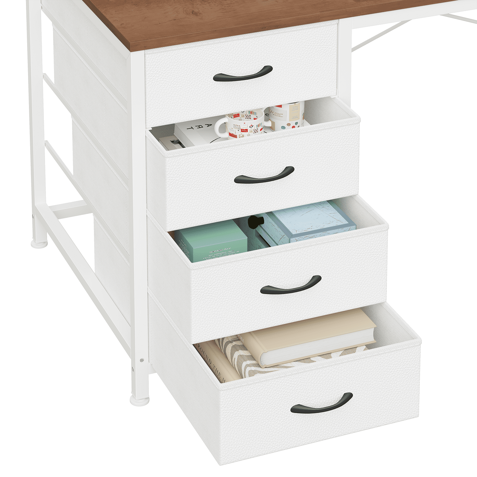 60 Inch Computer Desk with 8 Drawers, Home Office Desk with Power Outlets, Work Study Gaming Desk with 8 Fabric Drawers, Brown and White