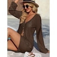 thumbnail image 5 of Womens Crochet 2 Piece Cover Up V Neck Bell Sleeve Button Cardigan Sheer Mesh Beach Mini Skirt Coverup Set, 5 of 6