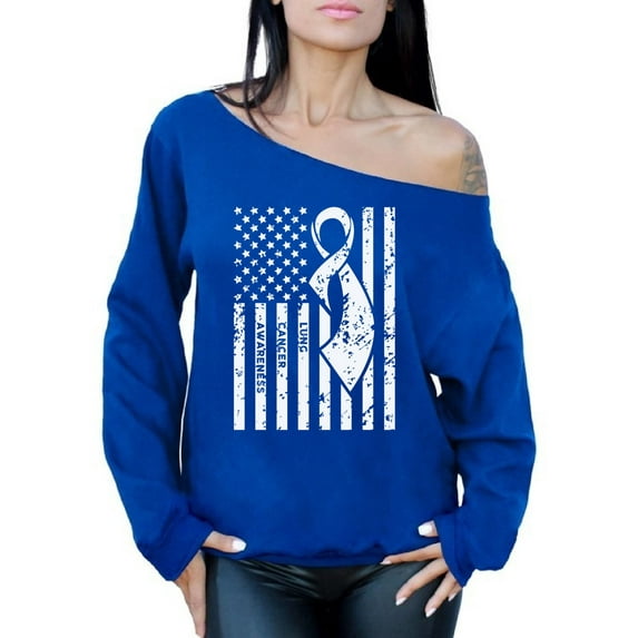 Awkward Styles Women's Lung Cancer Awareness Graphic Off Shoulder Tops Oversized Sweatshirt White Ribbon