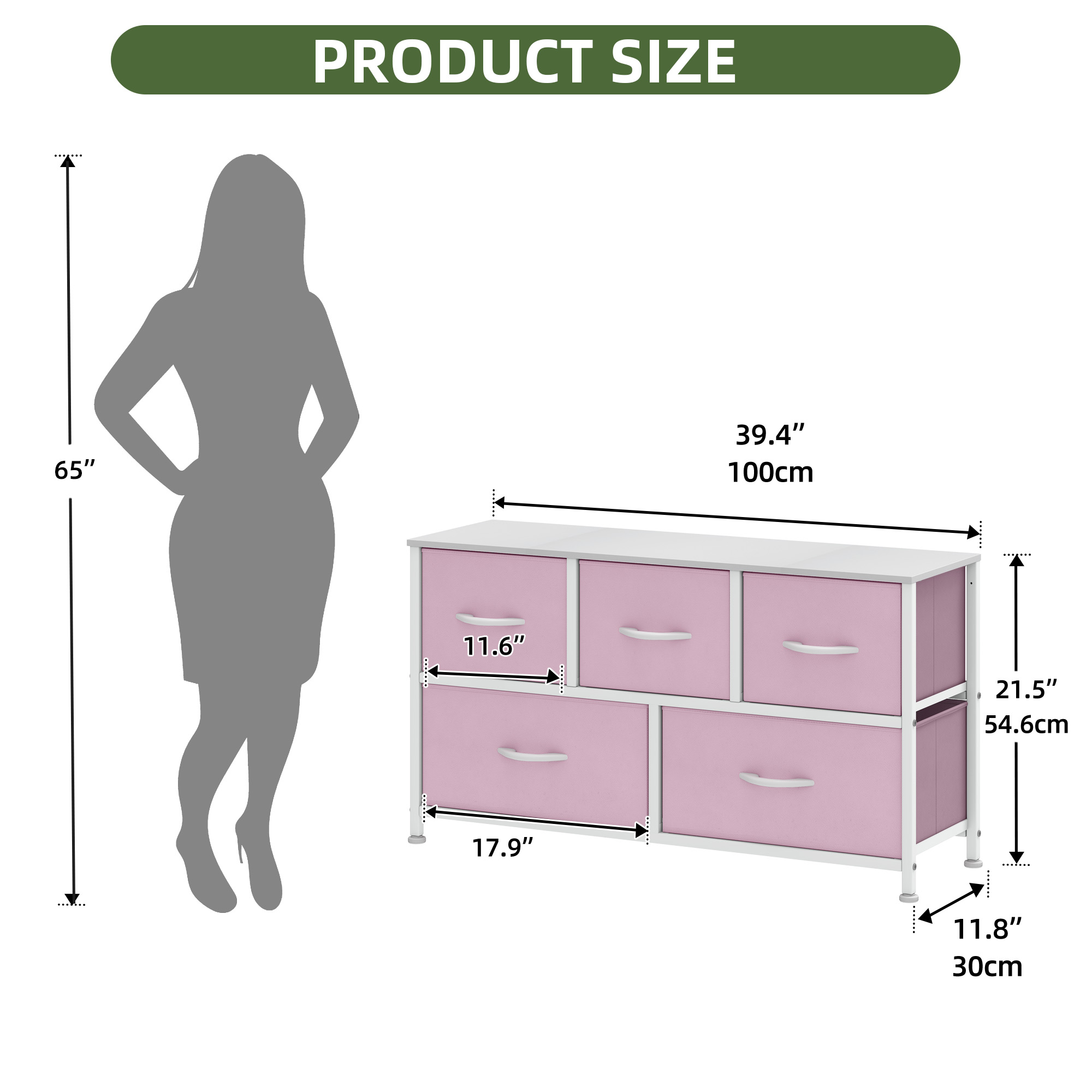 Uforic Wide Fabric Dresser with 5 Drawers,Storage Organizer with White Plastic Handles,Steel Frame,and Wooden Top for s, Living Rooms