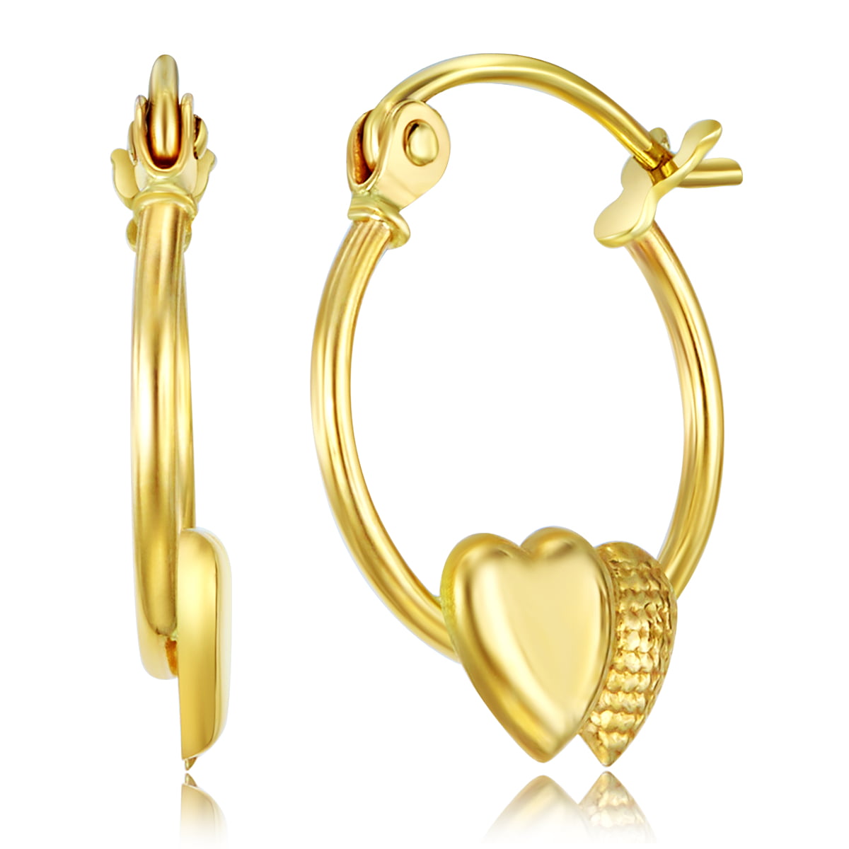 14k Yellow Gold Fancy CZ Heart Hoop Earrings 11 x 11mm