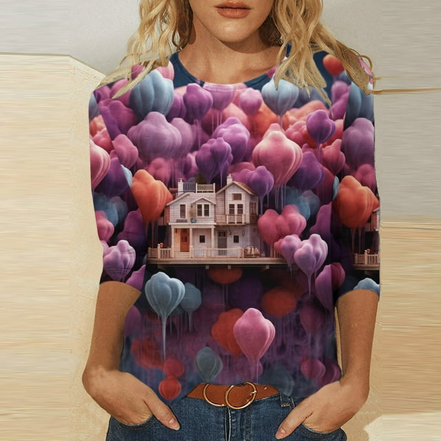 Qertyioot Chemise Ample à Manches 3/4 pour Femmes T-shirts Imprimés Mode Saint-Valentin Col Rond Hauts Décontractés