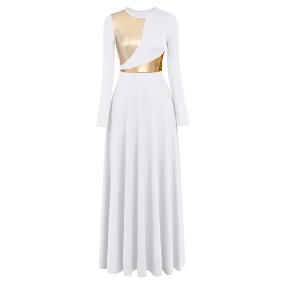 IBTOM CASTLE Women Metallic Bi Color Liturgical Praise Dance Dress Long Sleeve Lyrical Dancewear Church Maxi Robe Worship Costume M White