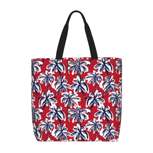 Fotbe Palm Tree Pattern on Red Bolsa Tote con Estampado para Mujer, Bolsos con Cremallera, Bolsa de Hombro Casual de Gran Capacidad con Bolsillos Internos