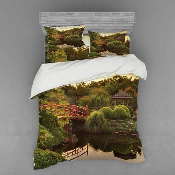 Japanese Duvet Cover Set Peaceful Garden Twilight Reflections In Water Red Bridge On Pond Sunset Bedding With Shams And Fitted Sheet 3 Sizes By Ambesonne Com Peaceful Garden Twilight Reflections, Twilight Bedding Set