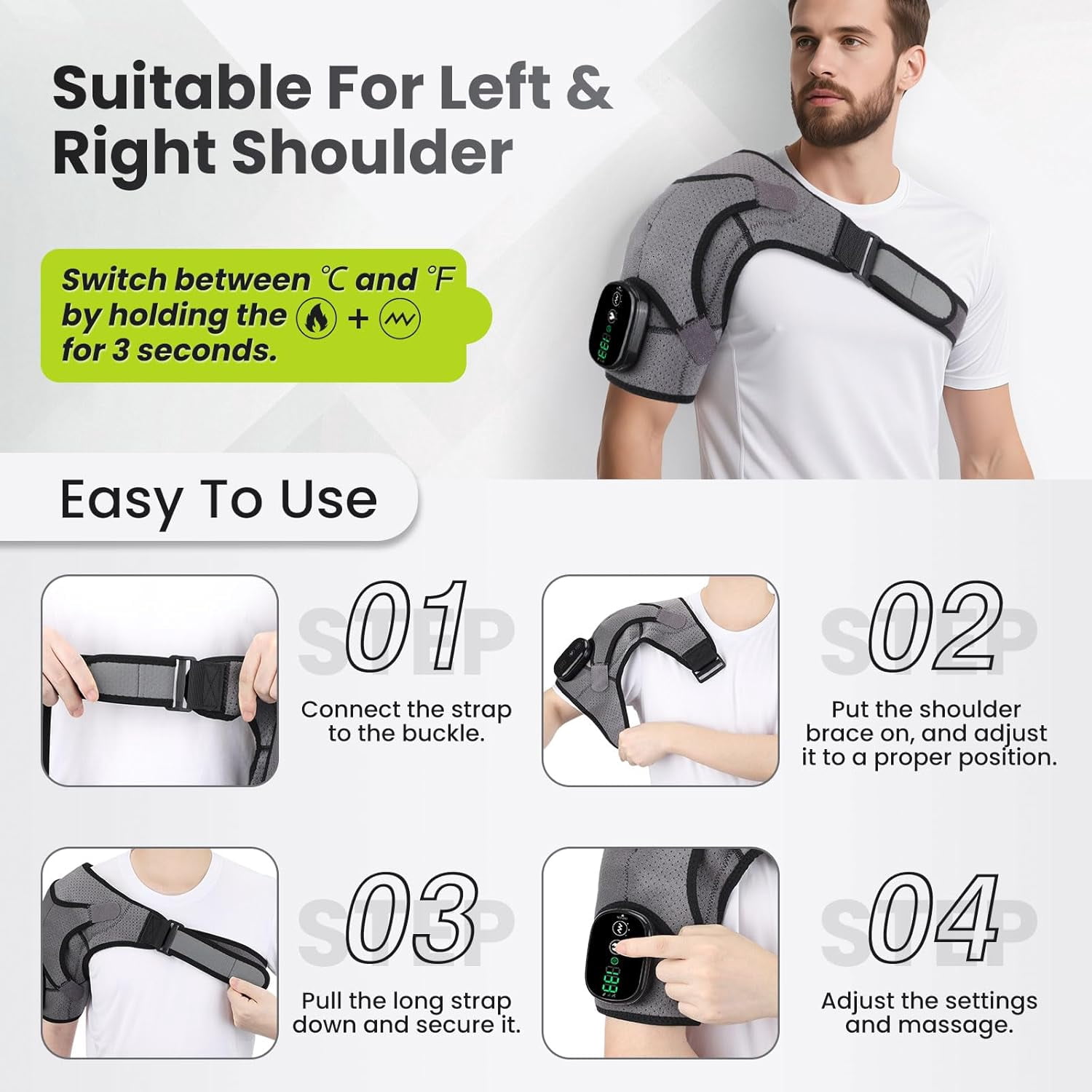 Cordless Shoulder Massager, Heated Shoulder Wrap with Vibration, Electric Shoulder Heating Pads Heated Shoulder Braces with 3 Heating Setting, Left Right Shoulder Massage for Men Women