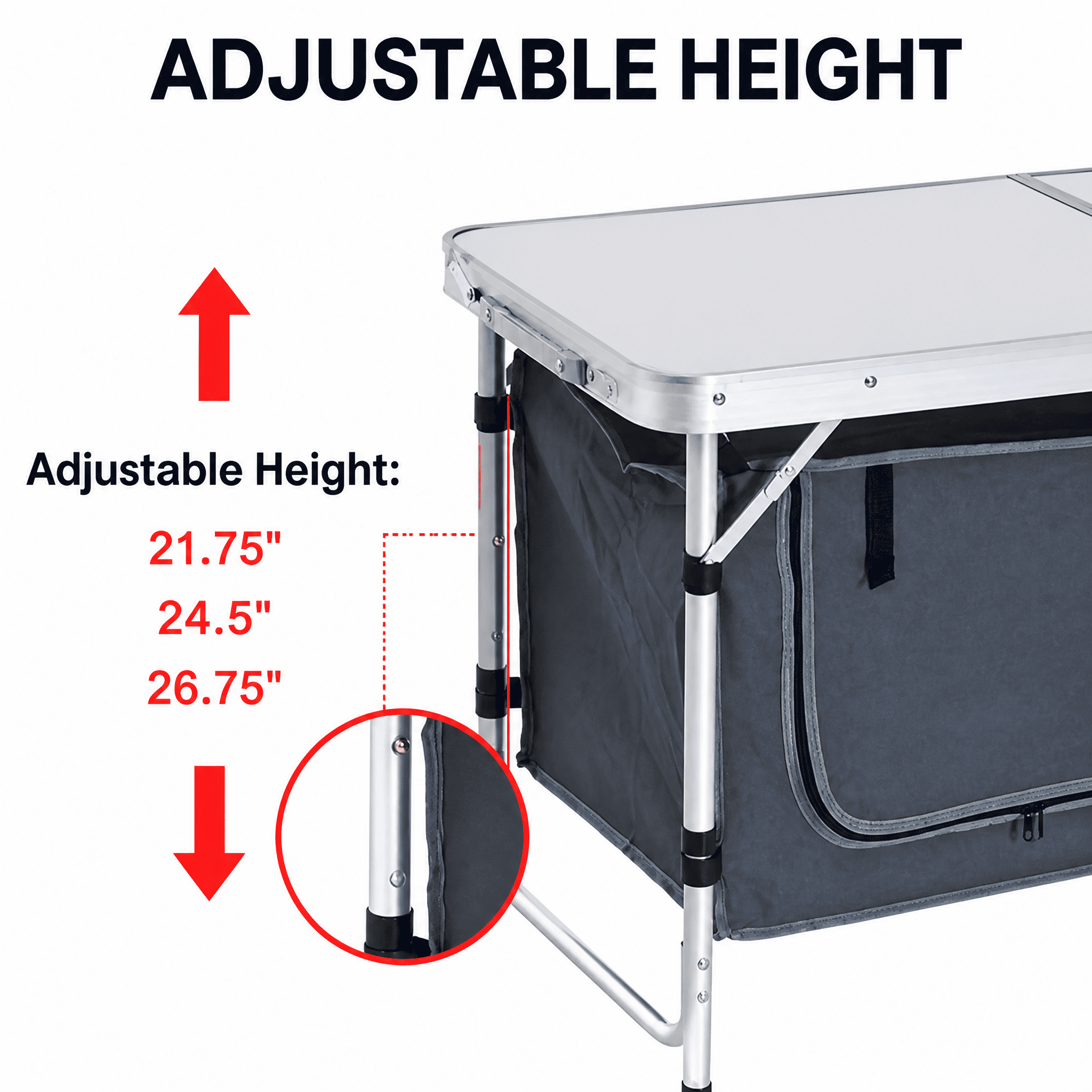 3 Height Adjustable Folding Camping Table with Zipper Oxford Storage Organizer, Aluminum Frame Solid MDF Tabletop Portable Outdoor Foldable Table Supports 55lbs for Picnic BBQ Tailgating Pebbles