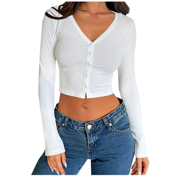 Kaemgyyd Women's Button down Shirts Slim Ribbed Long Sleeve V Neck Knit Tops Casual Tight Crop Blouse Fall Fashion Clothes