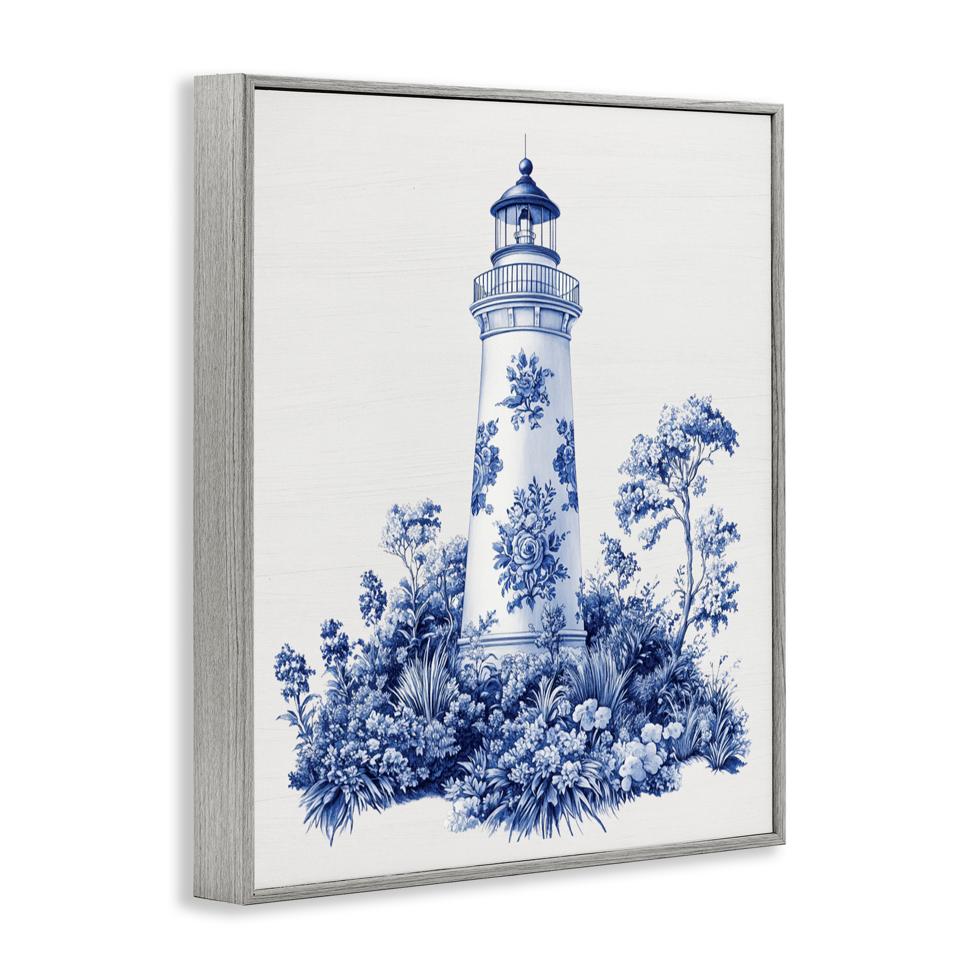 Toile Patterned Lighthouse Gray Framed Giclee Art, design by Lettered and Lined