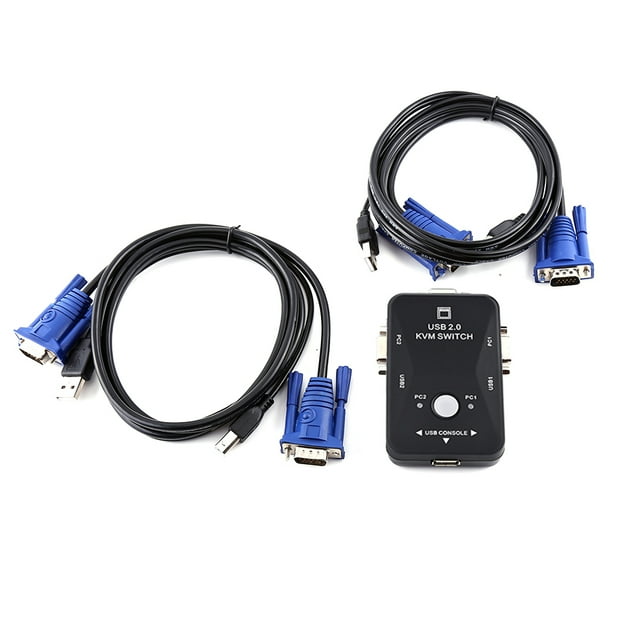 Conmutador KVM VGA USB de 2 puertos y cables para compartir ordenador, monitor, teclado y ratón.