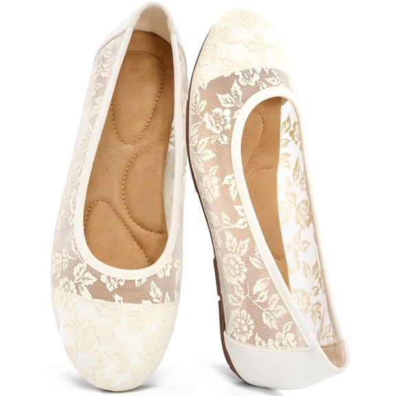 Ecetana Women's Ballet Flats Round Toe Floral Lace Flats with Elastic Strap Casual Dressy Shoes