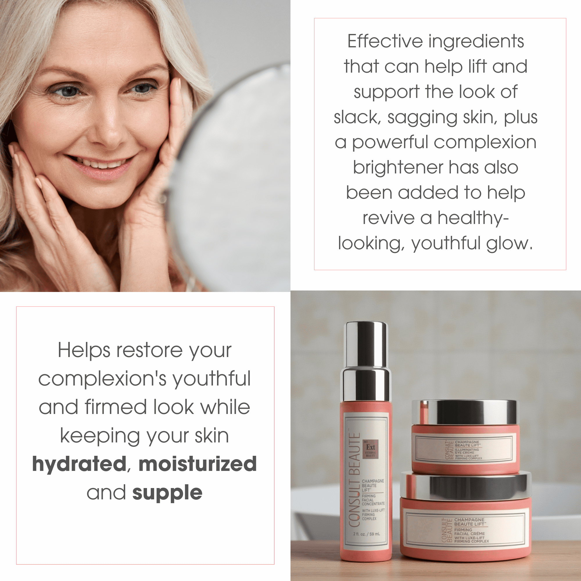 Consult Beaute - Champagne Beaute Lift - 3 Piece Firming Face, Neck & Eye Set - Lift, Firm and Rejuvenate Slack, Sagging Skin - Hydrating Moisture Cream and Serum - Niacinamide - Peptide Complex