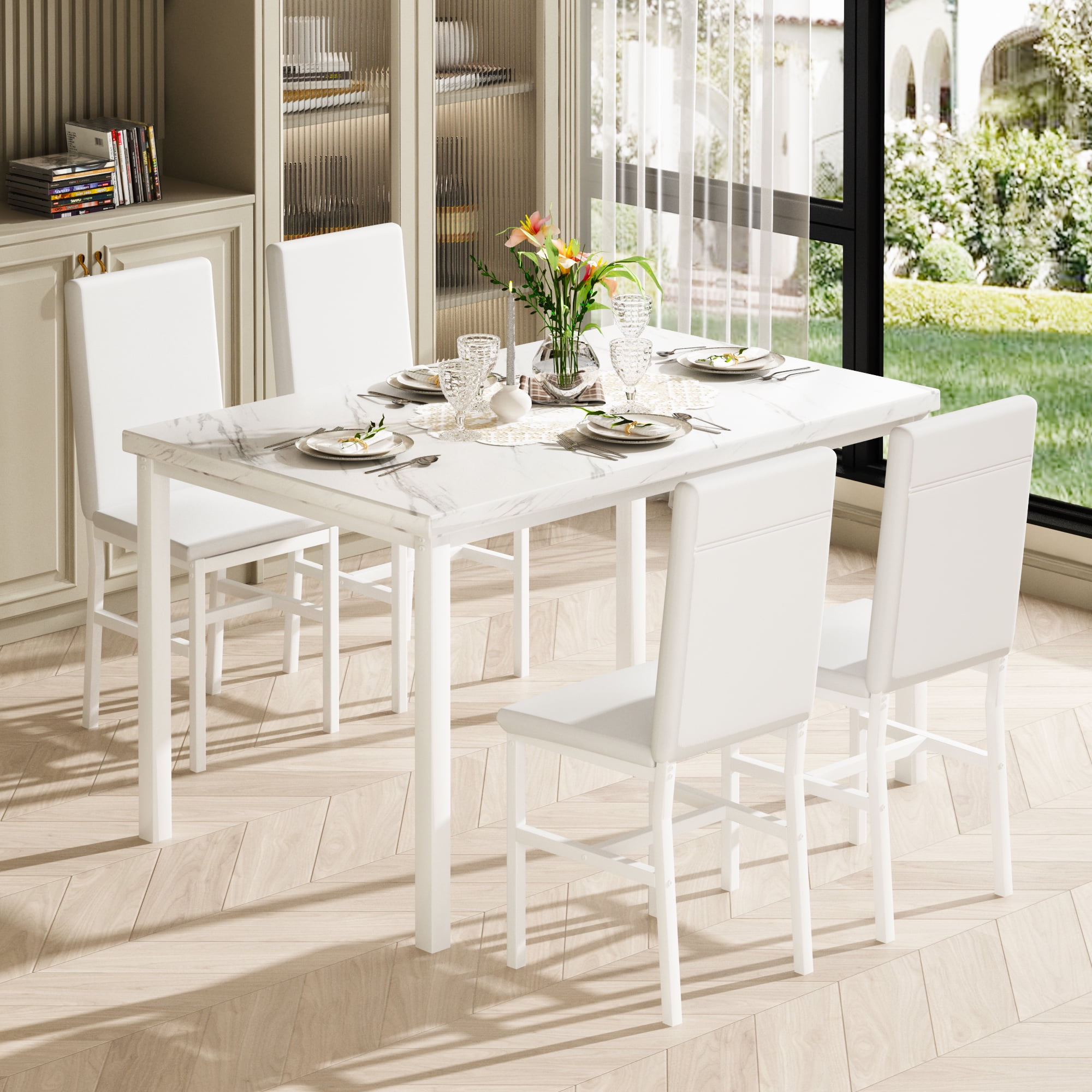 Cvortll 5 Pieces Dining Room Table Set for 4, Space Saving Kitchen Table and Chairs , Set with 4 Upholstered PU Leather Chairs and Faux Marble Tabletop, All White