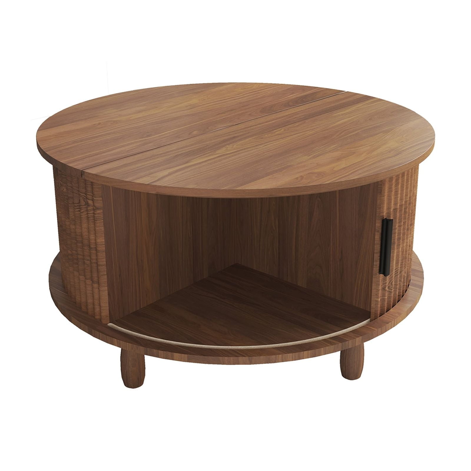 Strafriture Round Coffee Table with Storage, 30.7" Modern Coffee Table with 360° Curved Sliding Door, Fluted Wood Coffee Table with Footpads, Round Center Table for Living Room, Walnut