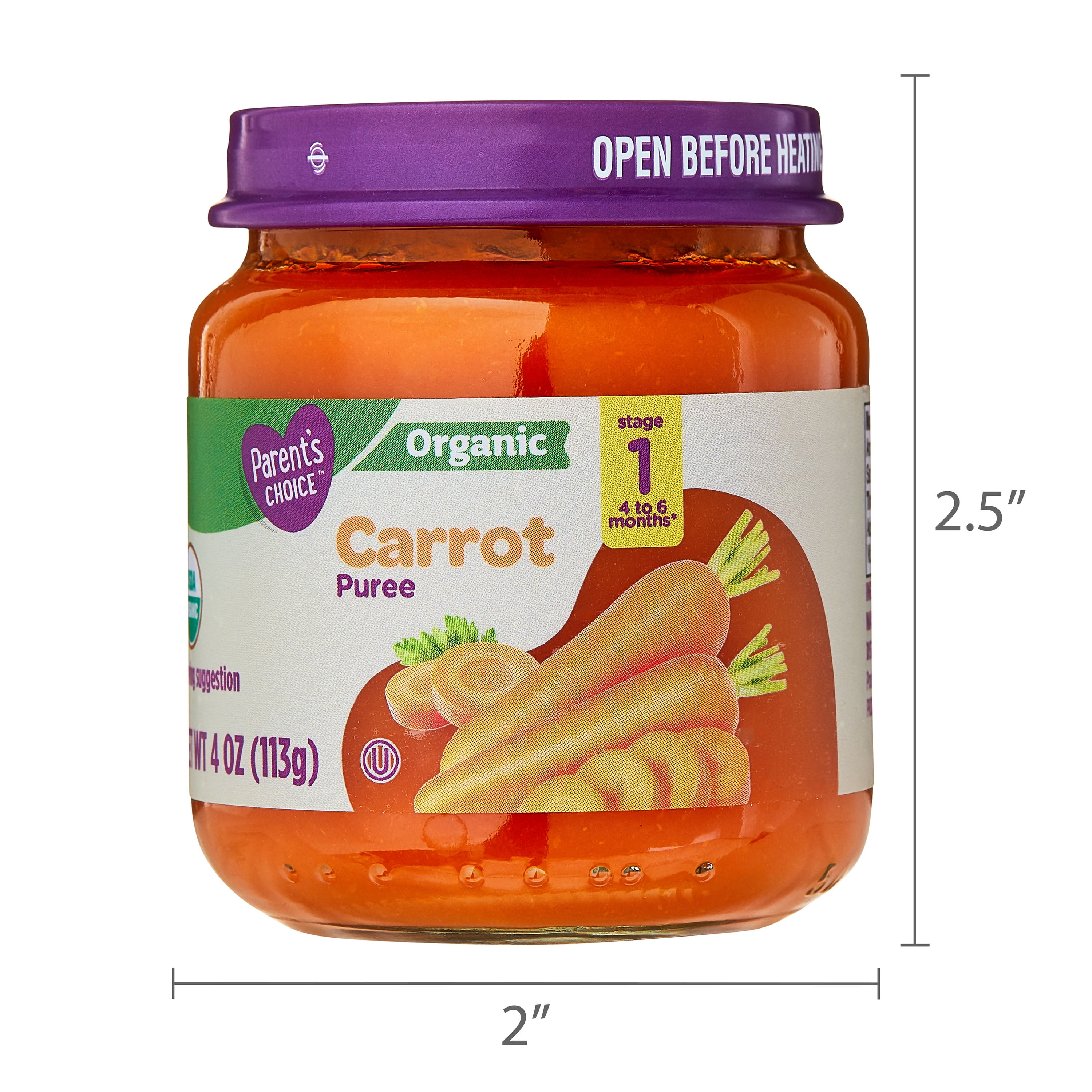 Parent's Choice Organic Stage 1 Baby Food Carrot Puree, 4 oz Jar