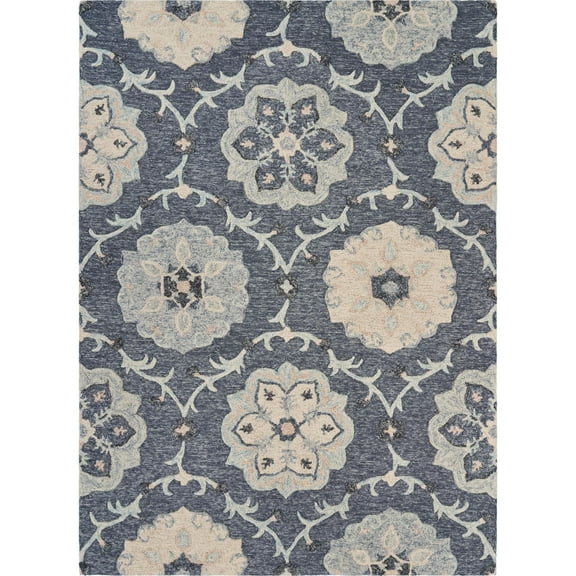 Laddha Home Designs 5' x 7' Gray and Blue Floral Hand Tufted Rectangular Wool Area Throw Rug