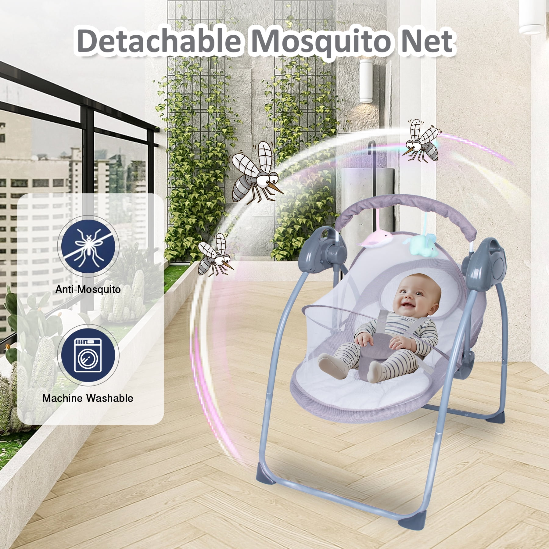 RICHYOUNG Folding Baby Swing for Infant,Bluetooth Music,Remote Control,5-Speed Baby Bouncer(Gray)