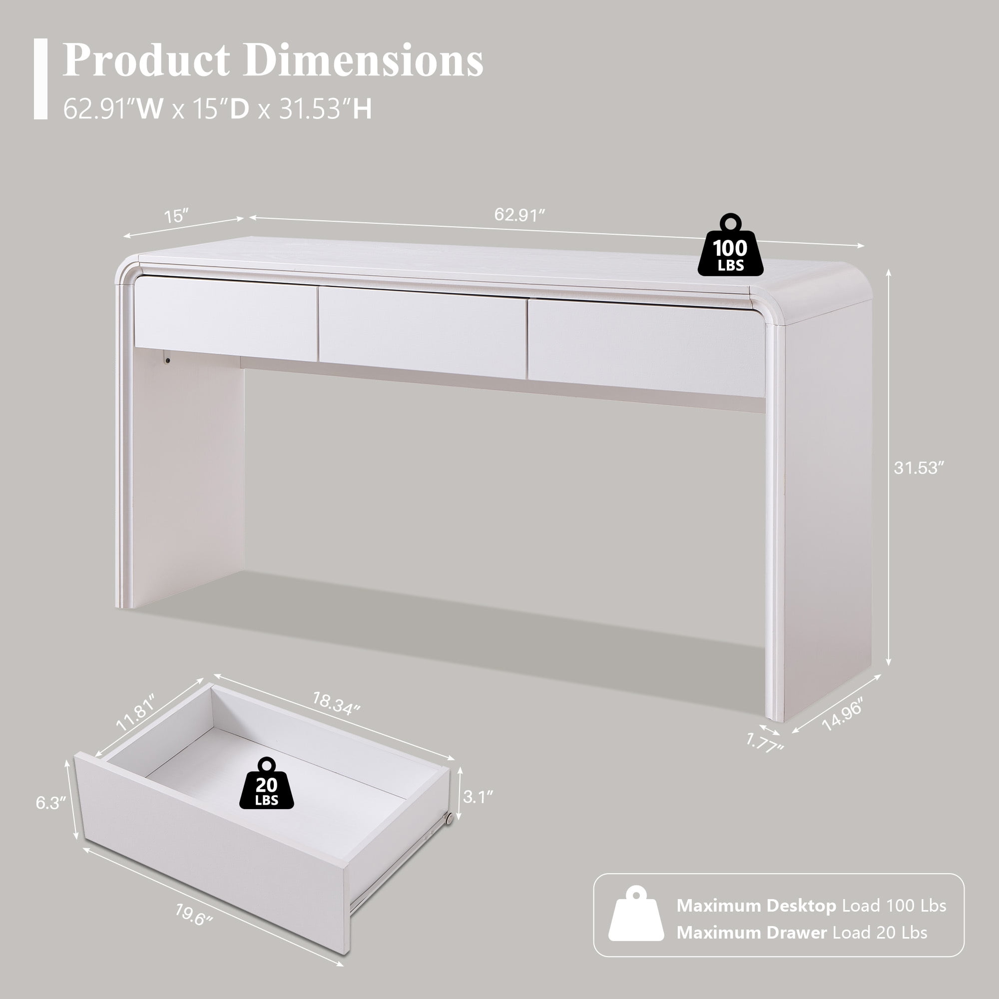 wow97e Modern Console Table for Entryway, 63" Long Entryway Table with 3 Drawer, Curved Profile Design, Sofa Table Behind Couch for Living Room, Hallway