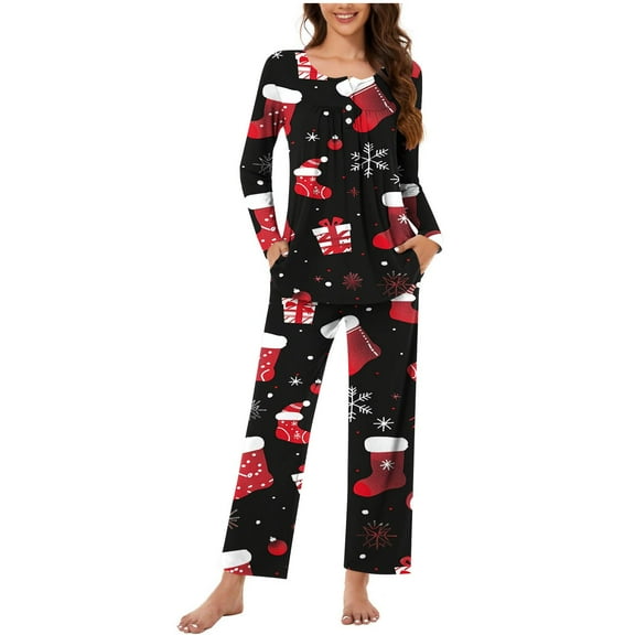 asdoklhq Bamboo Pajamas for Women Women Fashionable Casual Loose Christmas Printed Pants Button Long Sleeve Round-Neck Pajama Set Red M