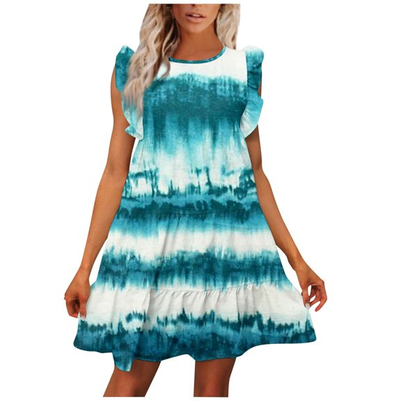 Idoravan Summer Dresses for Women Clearance Women Summer Dresses Round Neck A Line Printed Casual Short Sleeve Ruffle-Trim Dress