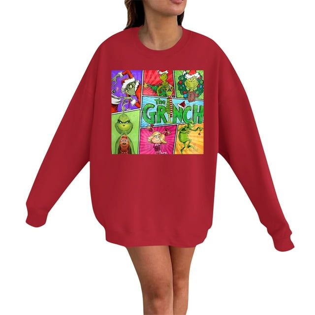 Chandails en Molleton Grinch pour Femmes Grande Taille Mode Décontractée Imprimé de Noël Manches Longues Col Rond Chandail Chandails en Molleton Grinch Imprimé, P-3TG