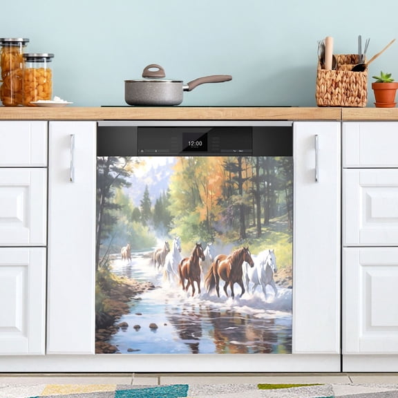 Horses Painting Dishwasher Magnet Cover Reuseable Refrigerator Magnet Cover Decal Fridge Microwave Stickers Hoilday Party Decor 23 x 26 Inch