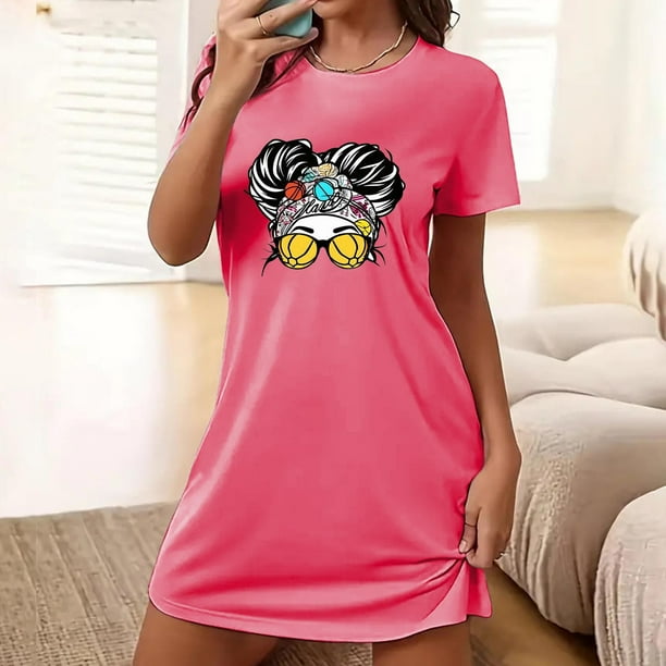 Camisón corto de talla grande para mujer, camisón de manga corta con estampado de pecho a la moda, camisón para mujer