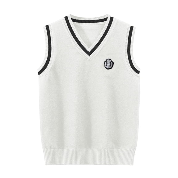 KPOPLK Sweater Vest for Boy Girl Kids Uniform Vest Casual V Neck Knit Pullover Sweater 5-14Y Size 4-5 Years,White