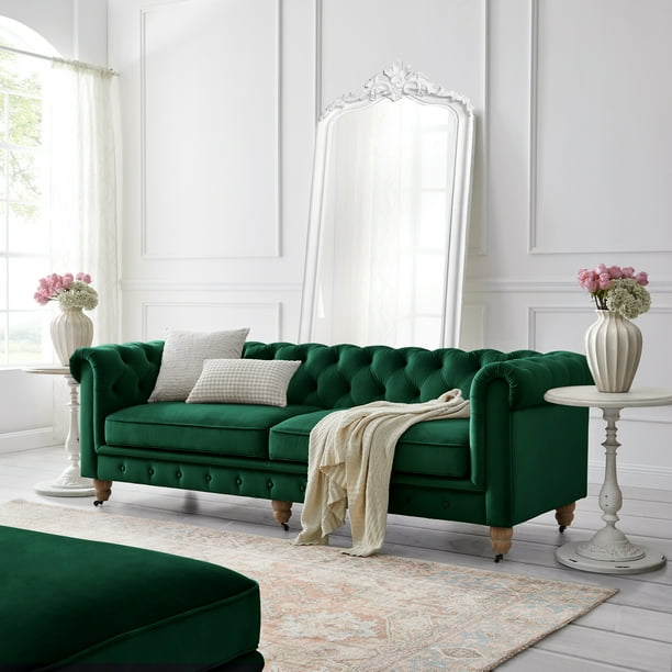Rustic Manor Audriana Hunter Green Velvet Chesterfield Sofa 92L x 33.5W