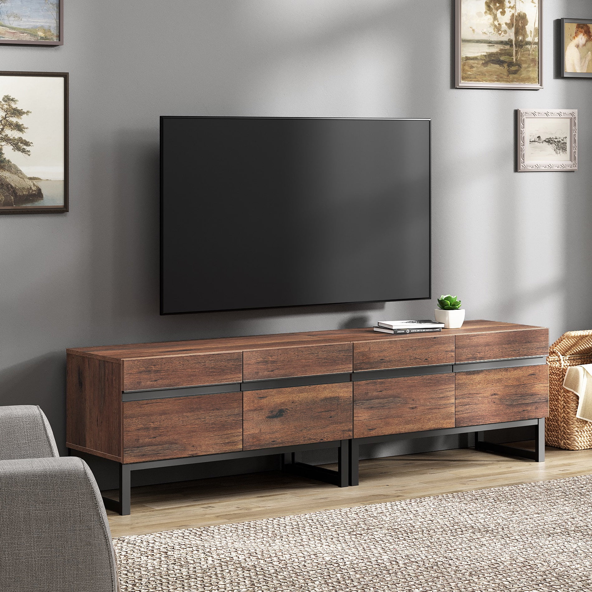 Modern 3-Piece Living Room Set, 71 Inch TV Stand And 2 End Table Sets With 2 Drawers, Media Console with Storage Shelves, Sturdy Wood Frame & Metal Legs, Contemporary Furniture for Living Room,Brown