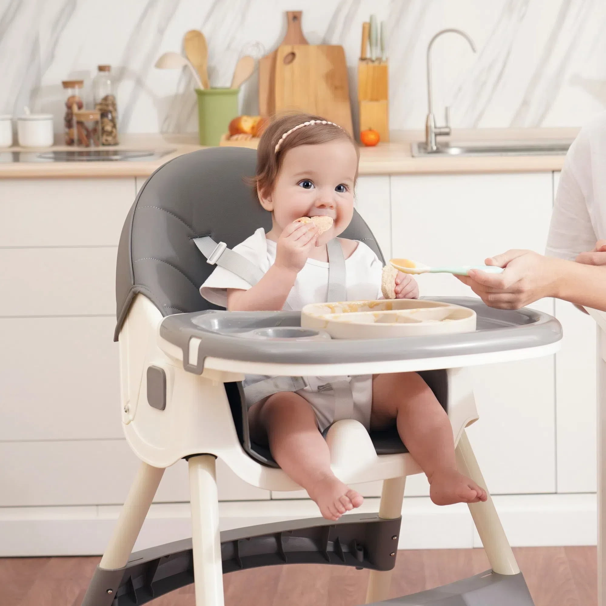 Aprpink 6 in 1 Baby Convertible High Chair Seat with 5 Point PU Safety Harness Gray Striped