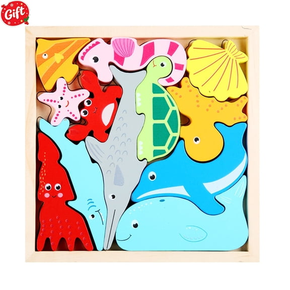 Wooden Peg Puzzle for Toddlers, Kids' Educational Preschool Peg Puzzle Toy, Ocean Animal Montessori Cognition Toy, Christmas Birthday Ideal Gift for Boys Girls Ages 3