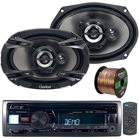 Alpine CDE-150E Single DIN CD Player USB AUX Radio Stereo Car Audio Receiver Bundle Combo with 1 Pair (QTY 2) of 6x9" Multiaxial 3-Way 400W Peak Power Car Audio Speakers, 16 Gauge Speaker Wire