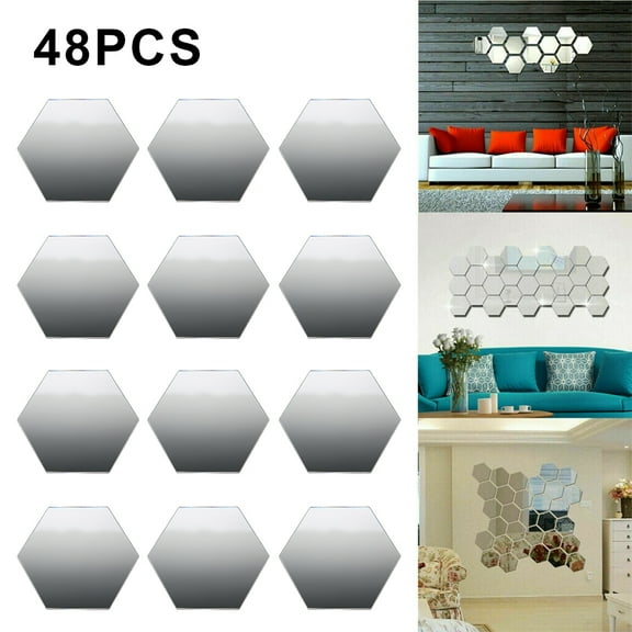 HOTBEST 48PCS Acrylic Mirror Sticker Self-adhesive Mirror Decals Decorative Mirror for Wall Home Room Decoration Silver