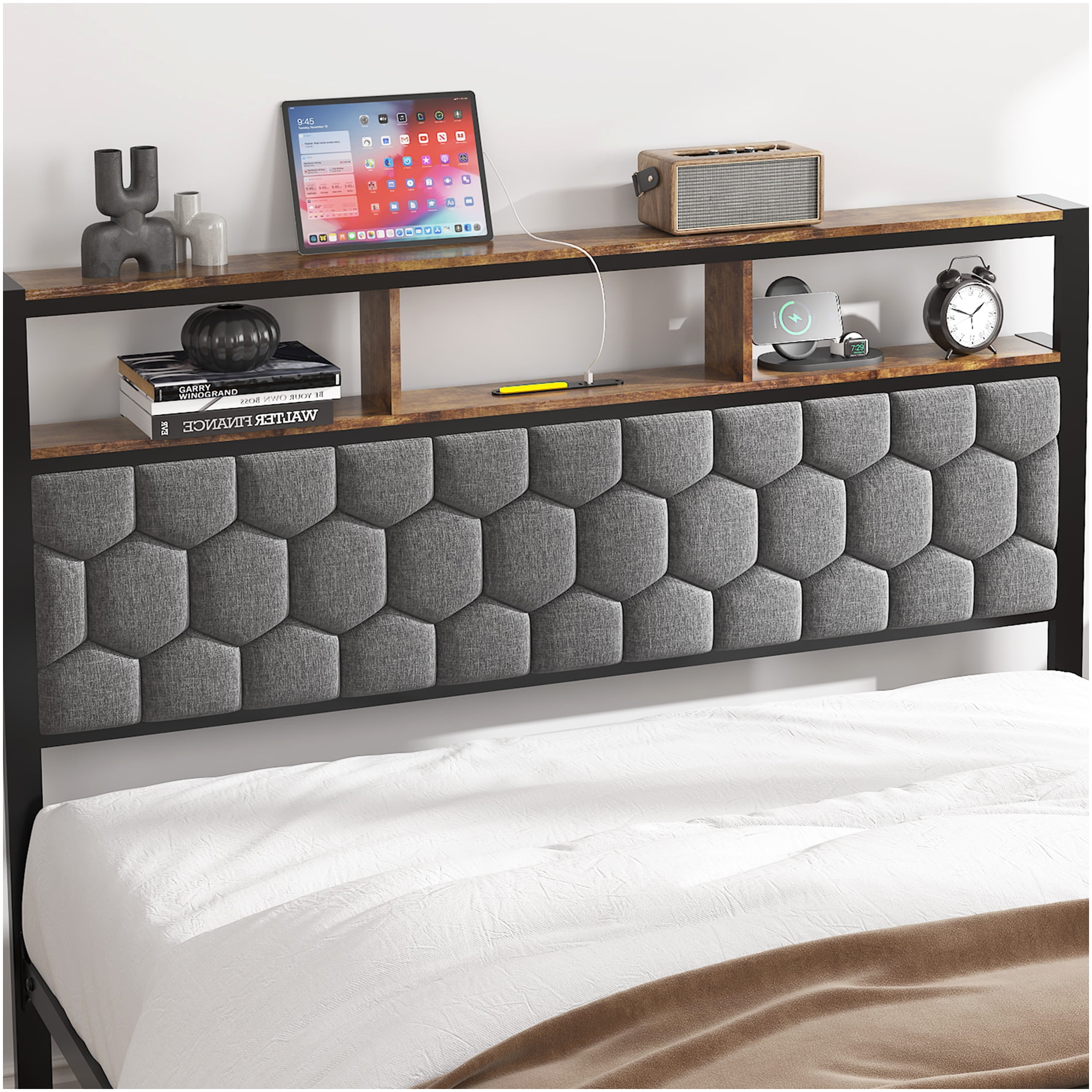 Queen Upholstered Storage Bed Frame with USB Charging, Vintage Brown Platform Bed, Noise Free, No Box Spring Needed