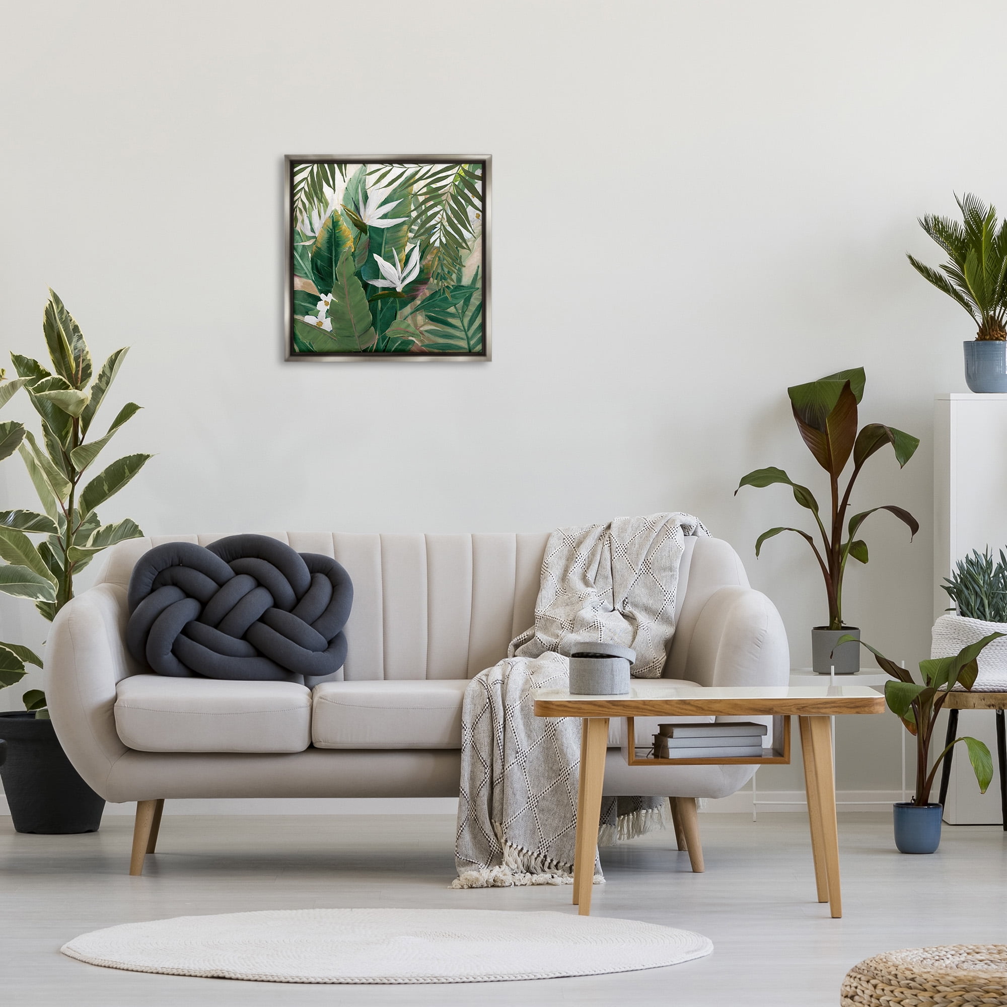 Stupell Industries Tropical Birds Of Paradise Plant Botanical & Floral Painting Gray Floater Framed Canvas Art Print Wall Art, 25 x 25