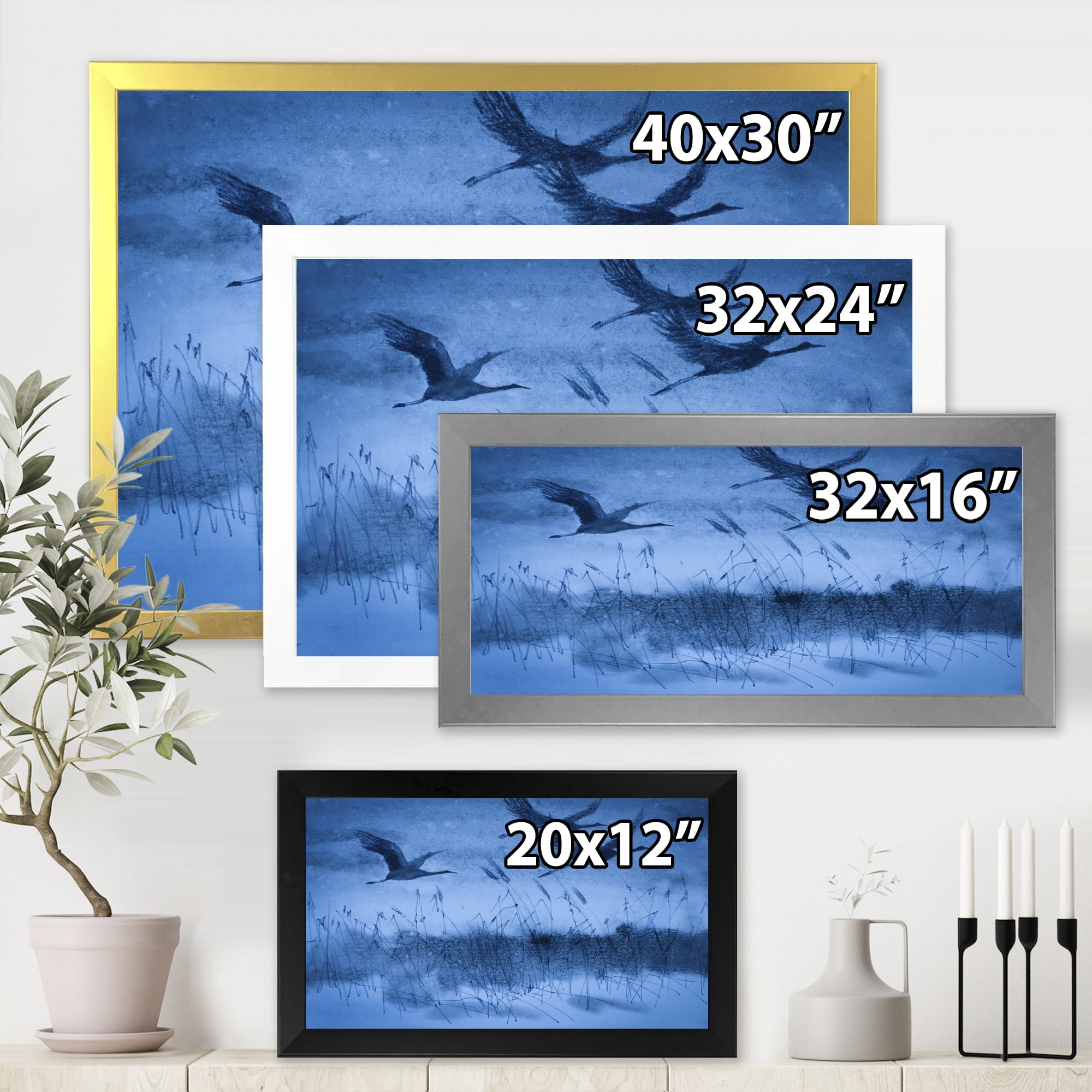Cranes In Flight During Blue Evening Light 40 in x 30 in Framed Painting Canvas Art Print, by Designart