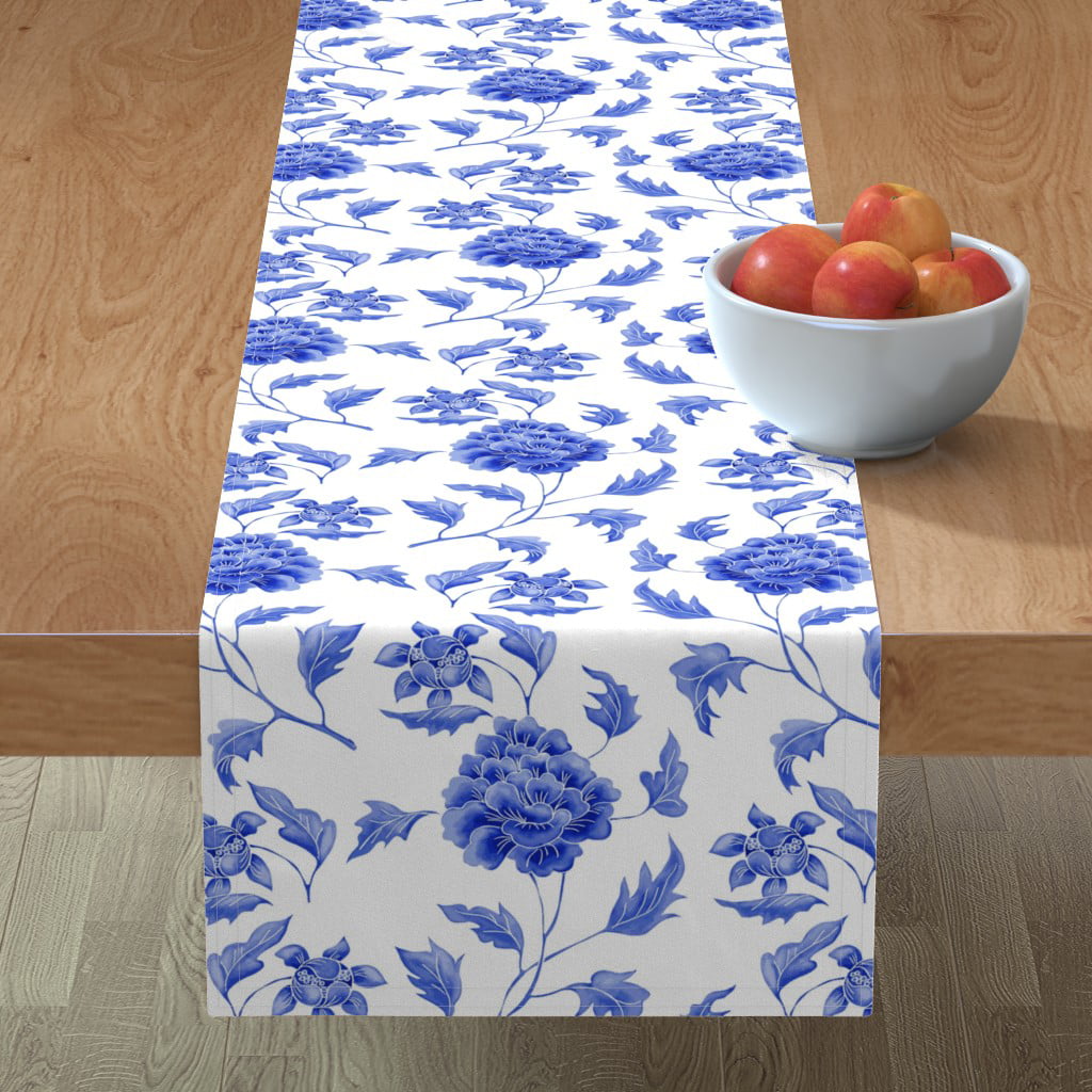Table Runner Flowers Blue Floral Abstract Vintage Look Modern Cotton Sateen 