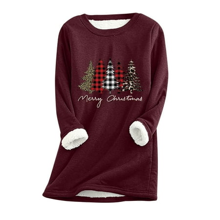 

Crewneck Sweatshirts Aesthetic Christmas Print Top Pullover Womans Regular Sleeve Winter Loose Fit Round Neck Top Wine XX-Large